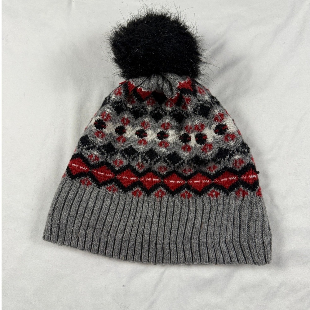 Vera Bradley Fair Isle Beanie Gray Red Fleece‎ Lined Pom Pom Winter Hat Nordic